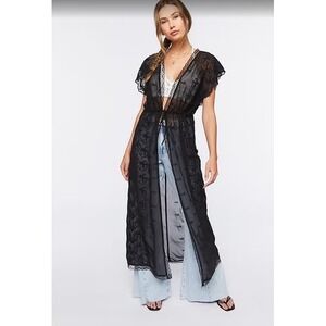 Chevette Black Sheer Lace‎ Maxi Robe Short Sleeve Tie Belt Lingerie - Size S